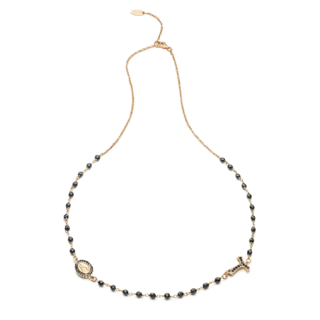 Collana Rosario Tau girocollo con San Francesco e Madonna con zirconi e decina di grani in onice