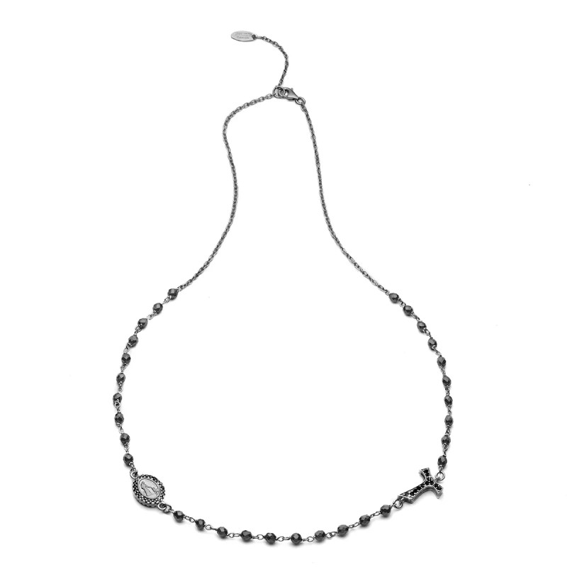 Sterling silver round rosary necklace with Franciscan Tau cross and Virgin with zirconia and onyx grain