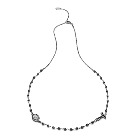 Collana Rosario Tau girocollo con San Francesco e Madonna con zirconi e decina di grani in onice