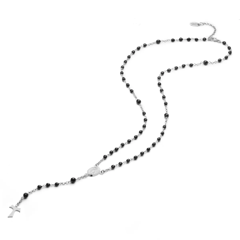 Gold rosary necklace with hanging Tau cross, onyx beads and miracolous medal