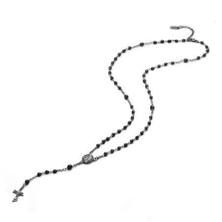 Gold rosary necklace with hanging Tau cross, zirconia, onyx beads and miracolous medal