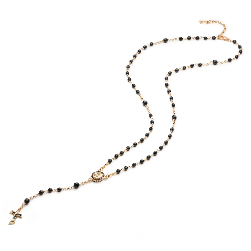 Collana Rosario Tau pendente con San Francesco e Madonna in oro e zirconi con decina di grani in onice