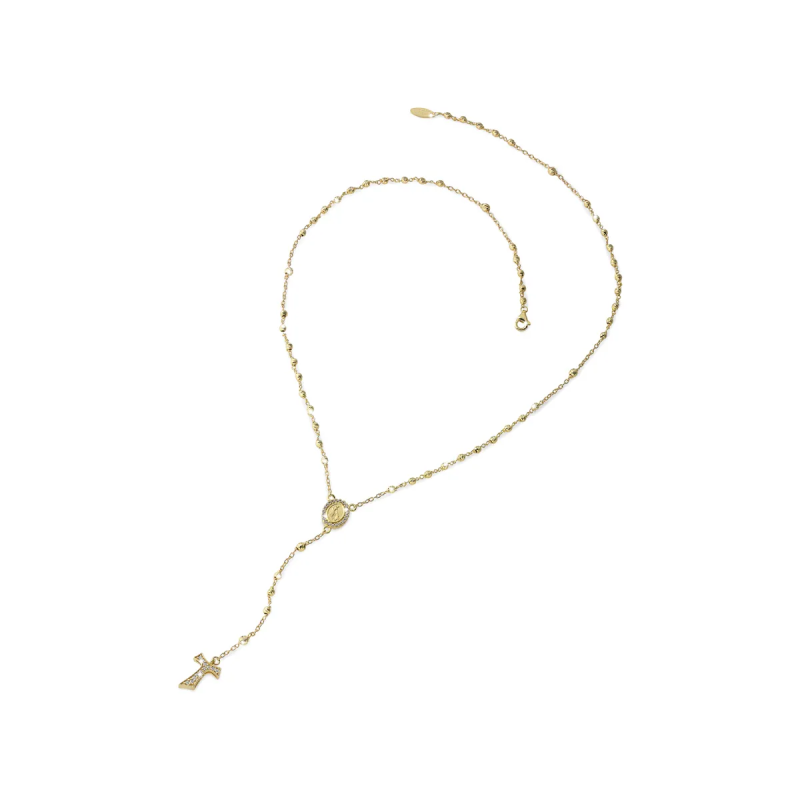 Gold rosary necklace with hanging Tau cross, zirconia, beads and miracolous medal