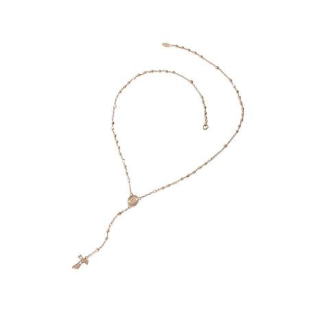 Collana Rosario Tau pendente con San Francesco, Madonna, zirconi e decina di grani in oro