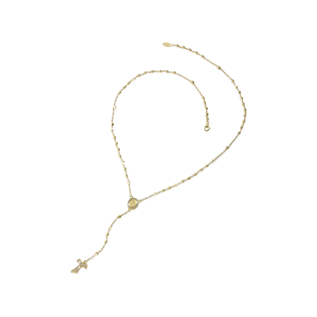 Gold rosary necklace with hanging Tau cross, diamonds, beads and miracolous medal
