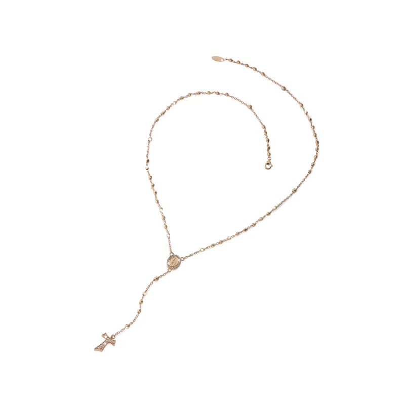 Gold rosary necklace with hanging Tau cross, diamonds, beads and miracolous medal