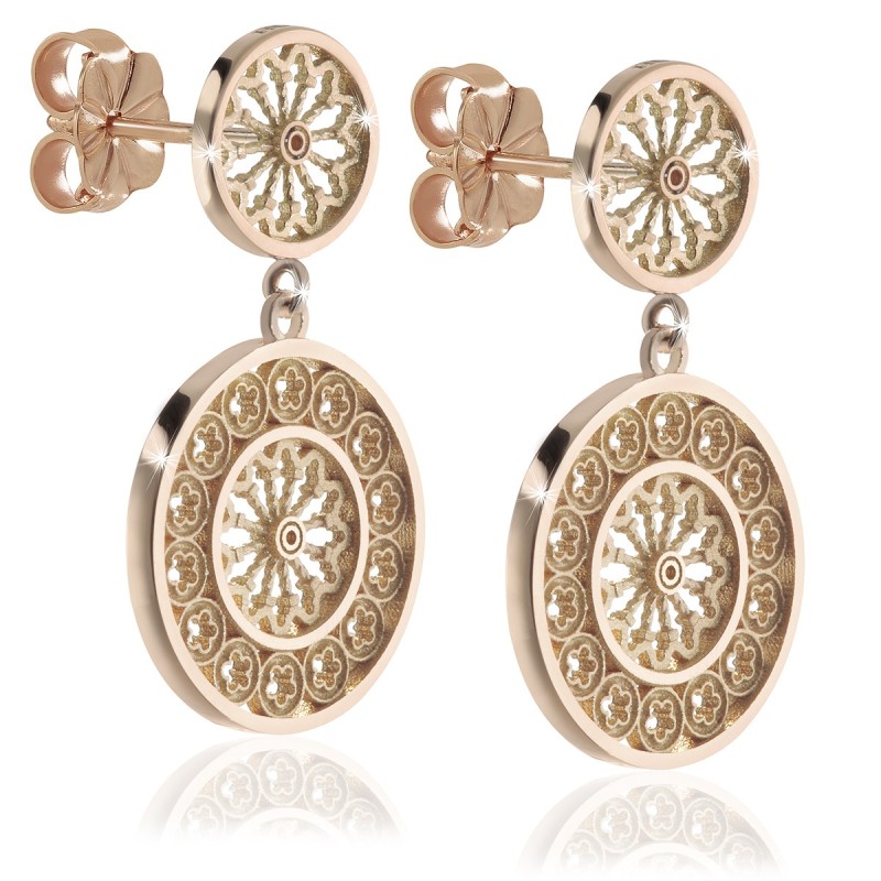 Sterling silver stud earrings with pendant, depicting the rosewindow of St. Francis Basilica
