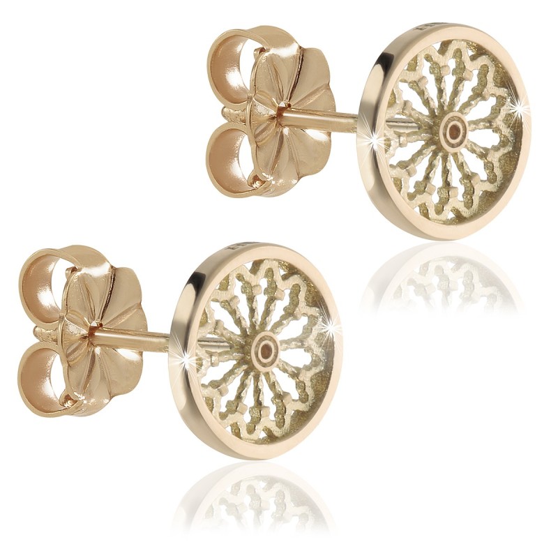 Gold stud earrings, depicting the rosewindow of St. Francis Basilica