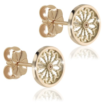 Gold stud earrings, depicting the rosewindow of St. Francis Basilica