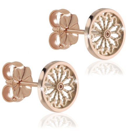 Gold stud earrings, depicting the rosewindow of St. Francis Basilica