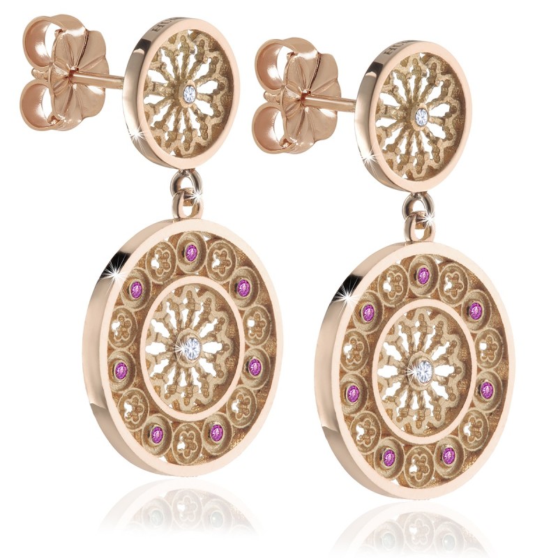 Gold St. Francis rosewindow Canticum collection stud earrings with pendant and stones