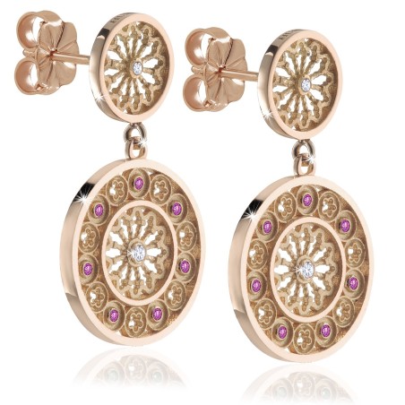 Gold St. Francis rosewindow Canticum collection stud earrings with pendant and stones