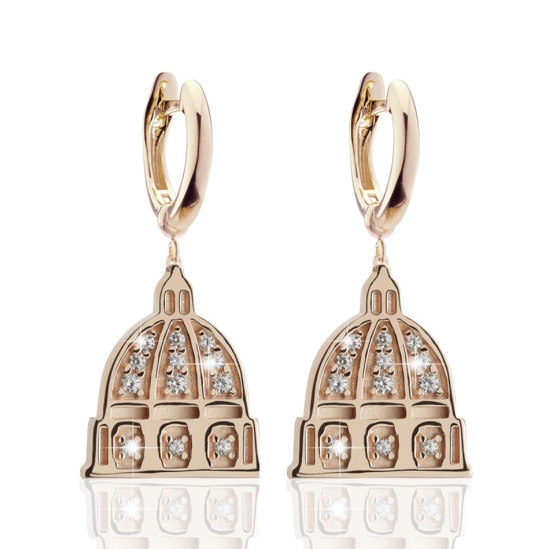 Gold Iter Rome collection earrings with St. Peter's dome with diamonds